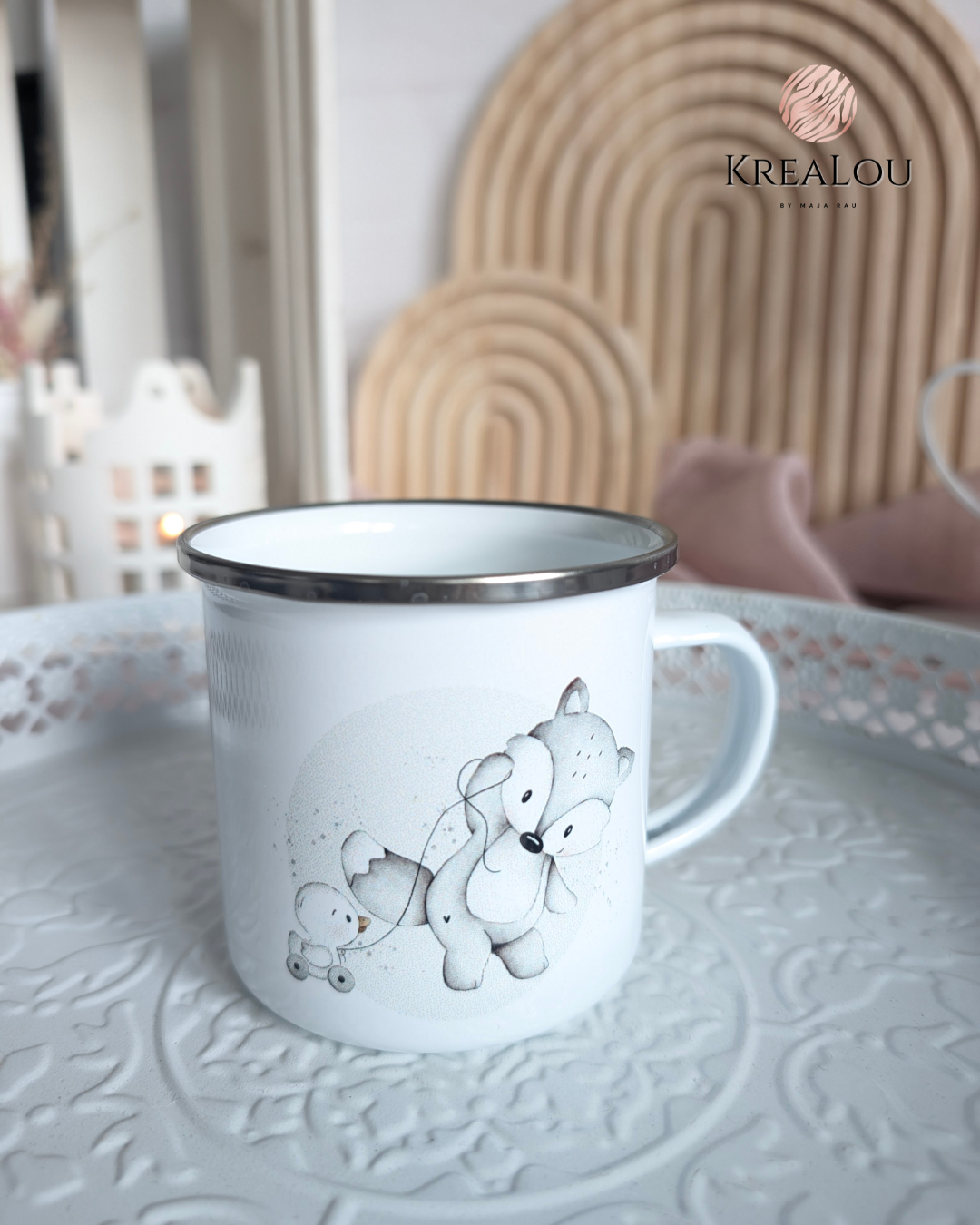 Emaillebecher „Unterwegs mit Freunden"