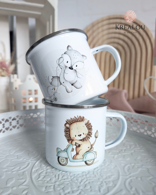 Emaillebecher „Unterwegs mit Freunden"